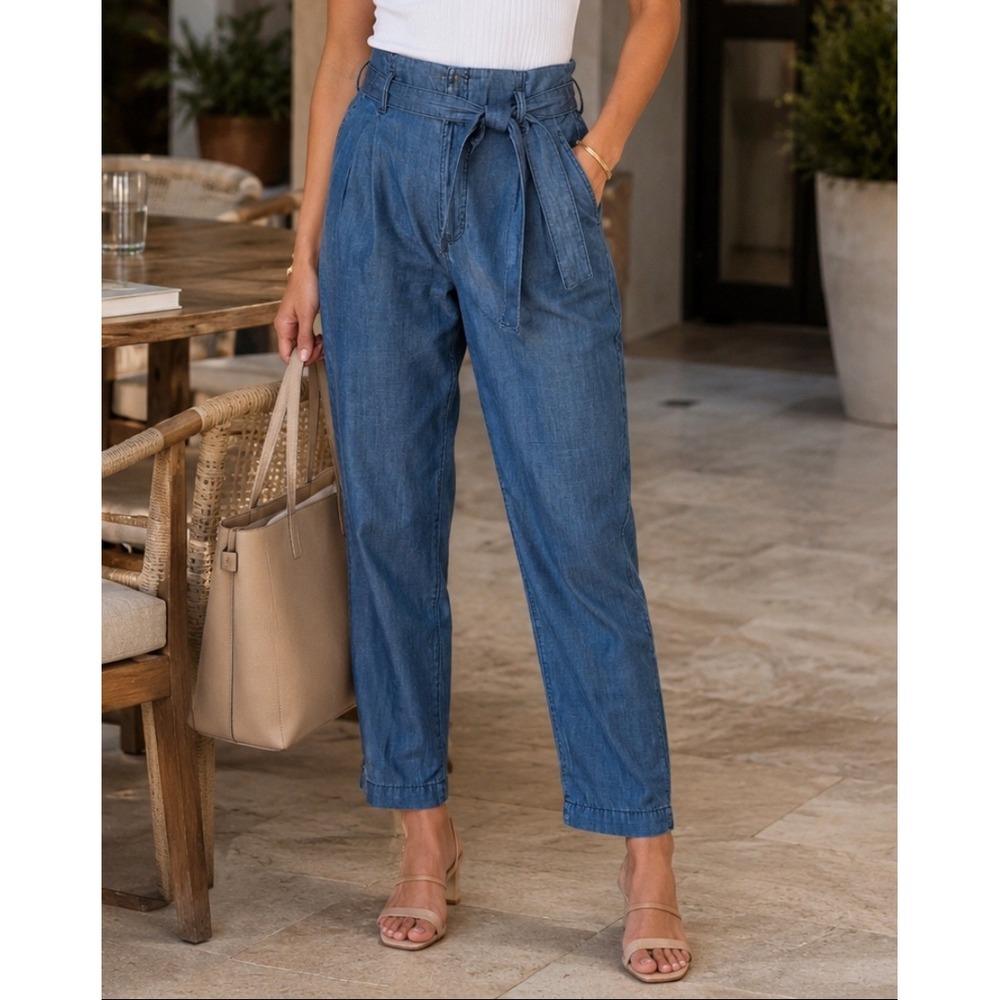 GAP Chambray Tie Waist‎ High Rise Loose Fit Paper Bag Trousers Med Indigo 32 NWT